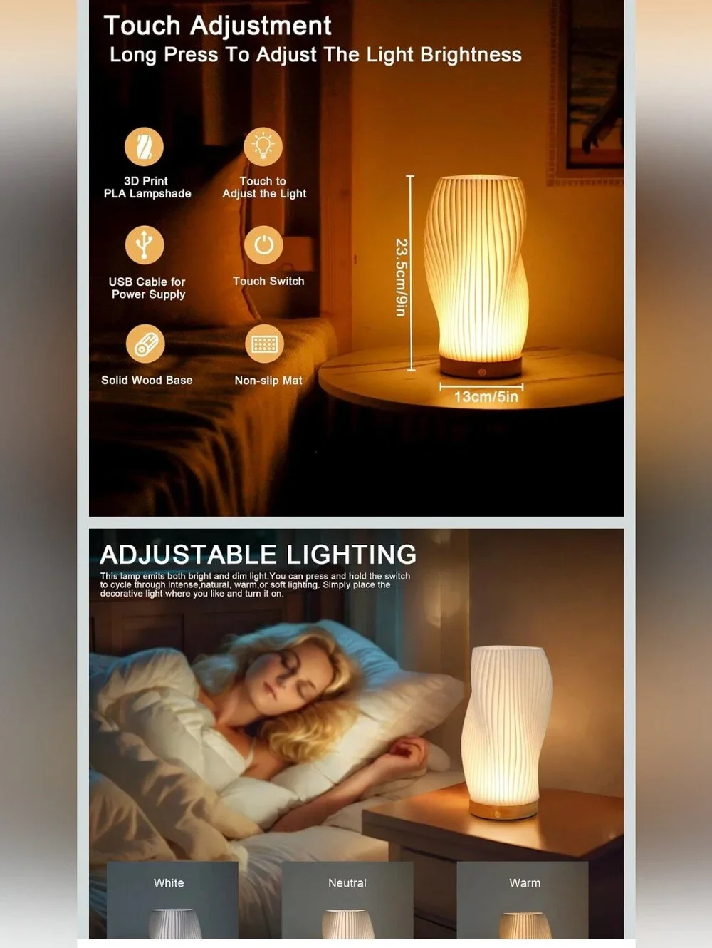 JHY DESIGN Rechargeable Touch Table Lamp 3D-Printing Dimmable Battery Powered